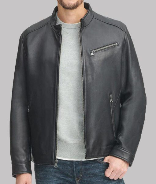 Mens Black Leather Stand-up Collar Jacket