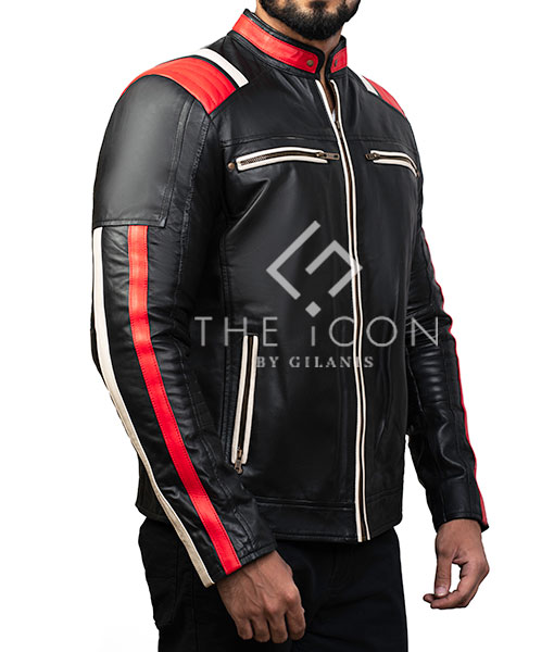 Men's Black & Red Striped Leather Jacket