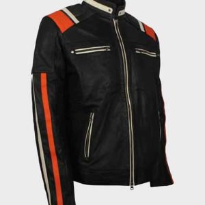 Mens Cafe Racer Striped Black Retro Biker Jacket