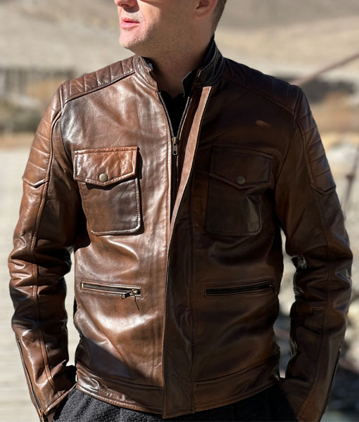 Mens Slimfit Motorcycle Brown Leather Jacket