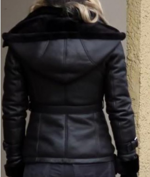 Women Black Leather Shearling Hooded Jacket