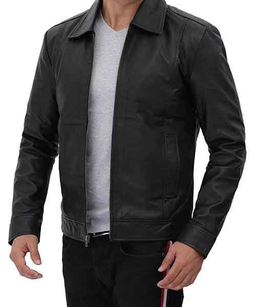 Black Vintage Shirt Collar Leather Jacket Mens