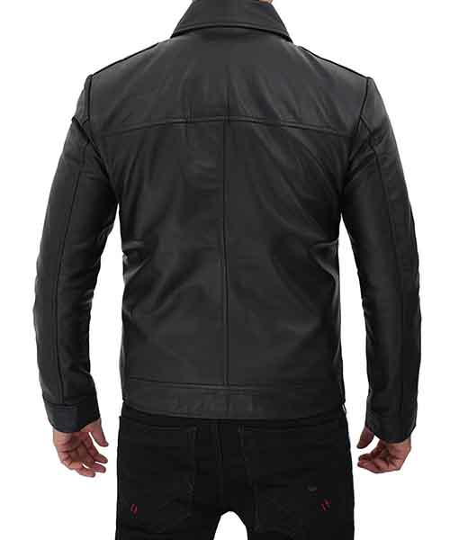 Black Vintage Shirt Collar Leather Jacket Mens