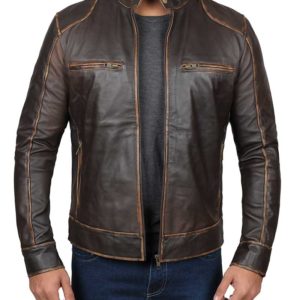 Brown Leather Cafe Racer Jacket