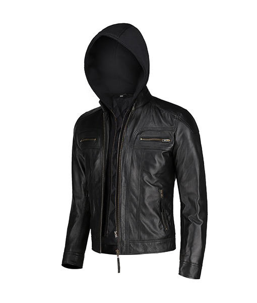 Men's Black Slim Fit Leather Jacket With Hood - www.theiconfashion.com