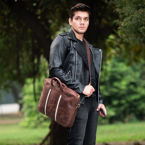 Men's Classic Style Brown Leather Laptop Bag