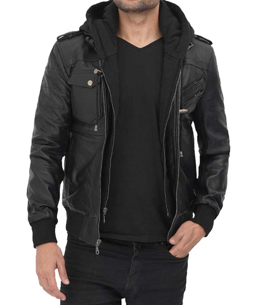 Men's Black Leather Detachable Hooded Jacket