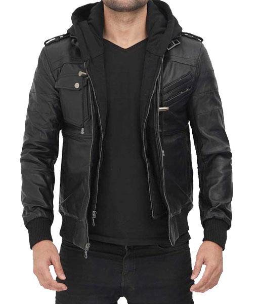 Men's Black Leather Detachable Hooded Jacket