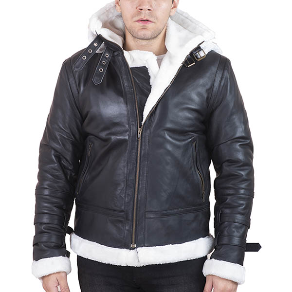 Men’s Classic Black Leather Faux Shearling Jacket