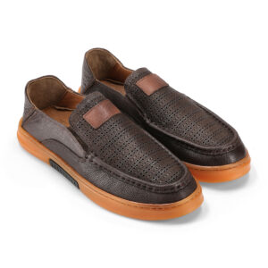 Turkish-made Dotted-design Brown Leather Loafers with Glowy Brown Soles for Men