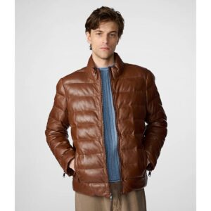 Men's Distressed Leather Puffer Jacket In Brown