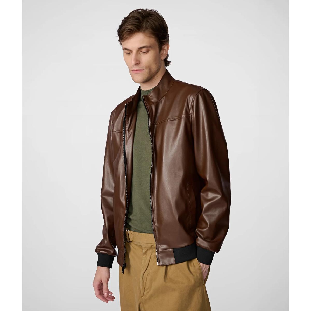 Men's Stand-Up Leather Bomber Jacket In Brown | TIG