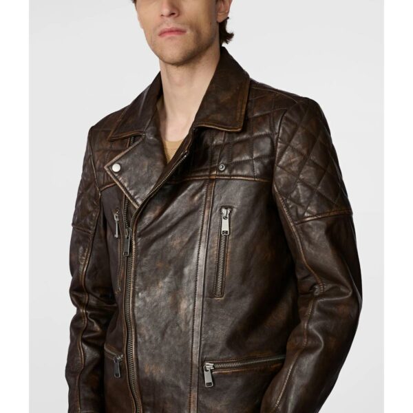Men's Leather Moto Jacket In Brown