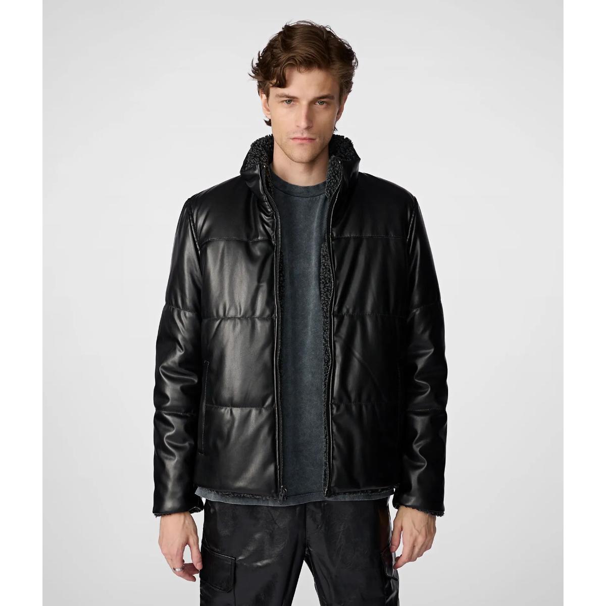 Men's Black Leather Sherpa Puffer Jacket | TIG
