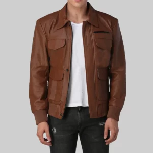 Justin Mens Brown Bomber Utility Leather Jacket-Front
