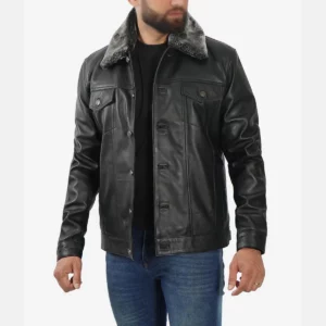 Gunther Men's Black Trucker Shearling Leather Jacket - Men's Black Trucker Shearling Leather Jacket-2