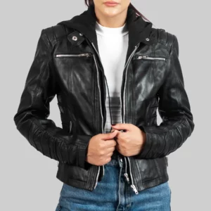 Megan Women's Black Hooded Biker Leather Jacket - Women's Black Hooded Biker Leather Jacket-1