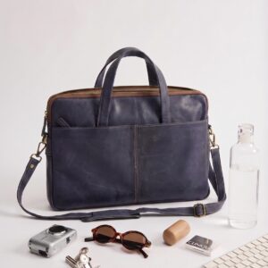 Mens Classic Style Blue Leather Office Laptop Bag-1