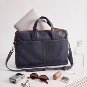 Mens Classic Style Blue Leather Office Laptop Bag-2