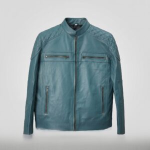 Kenneth Men's Blue Motorcycle Biker Leather Jacket - Front2