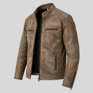 Edgar Men's Taupe Motorcycle Biker Leather Jacket-2