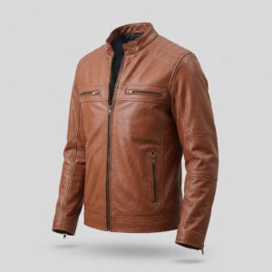 Kenneth Men's Camel Brown Café Racer Biker Leather Jacket-4