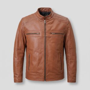 Kenneth Men's Camel Brown Café Racer Biker Leather Jacket-3