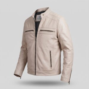 Kenneth Men's Cream Motorcycle Biker Leather Jacket-1