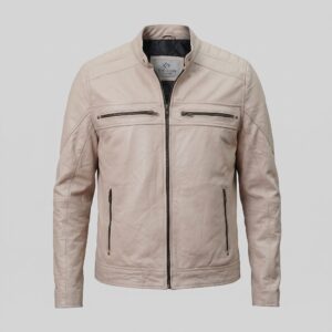 Kenneth Men's Cream Motorcycle Biker Leather Jacket-5