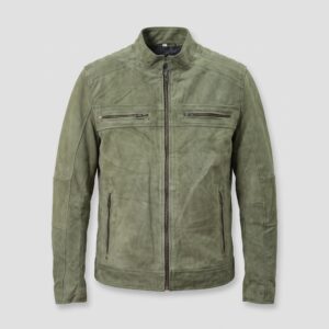 Kenneth Men's Olive Green Motorcycle Biker Suede Leather Jacket-6