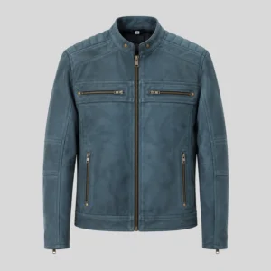 Kenneth Men's Teal Motorcycle Biker Suede Leather Jacket-2